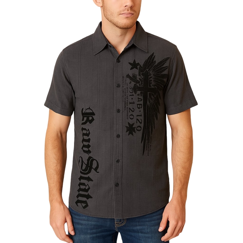 RAW STATE Shirt Mens Large Black Graphic Cross Wings Angel Western Tattoo Grunge